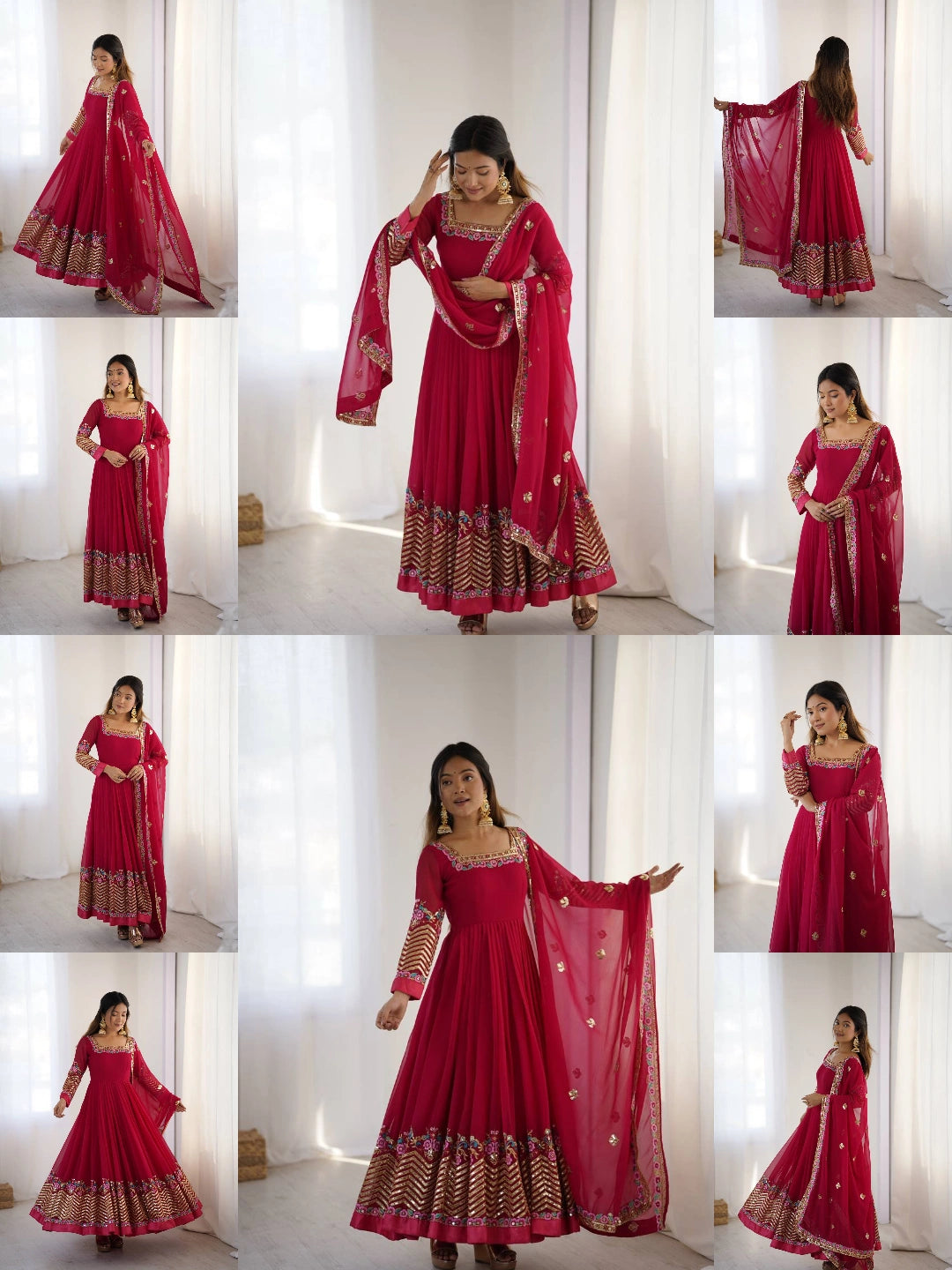 Dark Pink Sequins Embroidered Anarkali Suit panoramic flatlay KU264