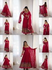 Dark Pink Sequins Embroidered Anarkali Suit panoramic flatlay KU264