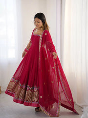 Dark Pink Anarkali Suit flowing skirt faux blooming fabric KU264