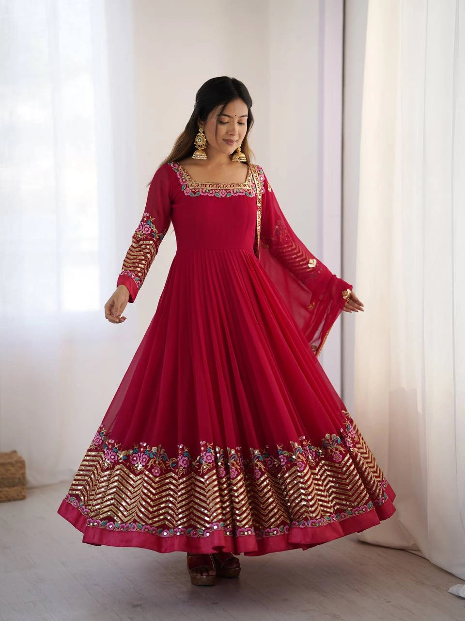 Dark Pink Sequins Embroidered Suit three quarter view with dupatta KU264