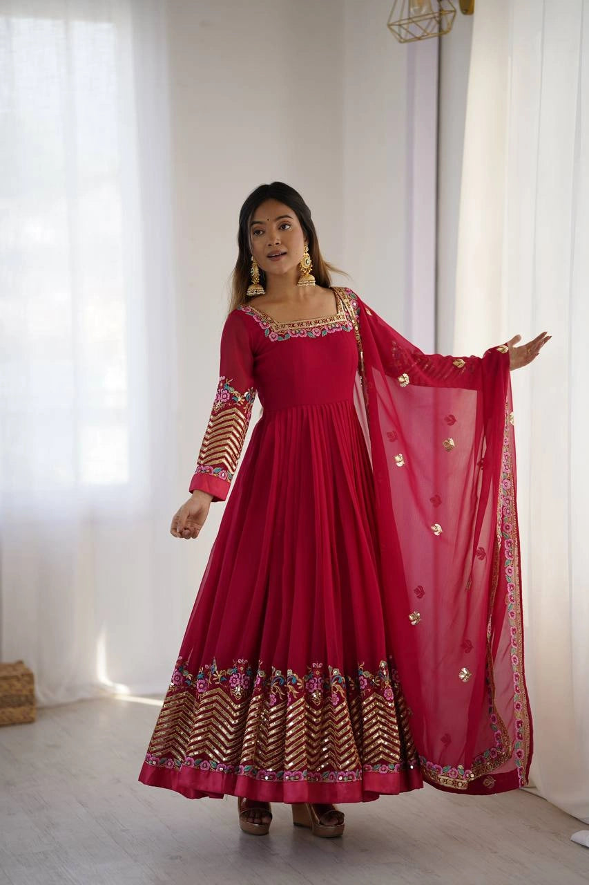 Dark Pink Anarkali Suit upper body square neck moti work detail KU264