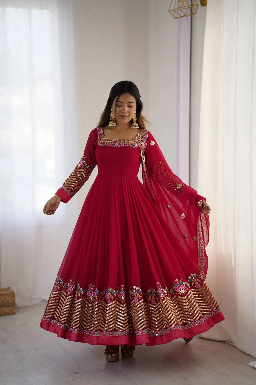 Dark Pink Suit side view full sleeve faux blooming anarkali KU264