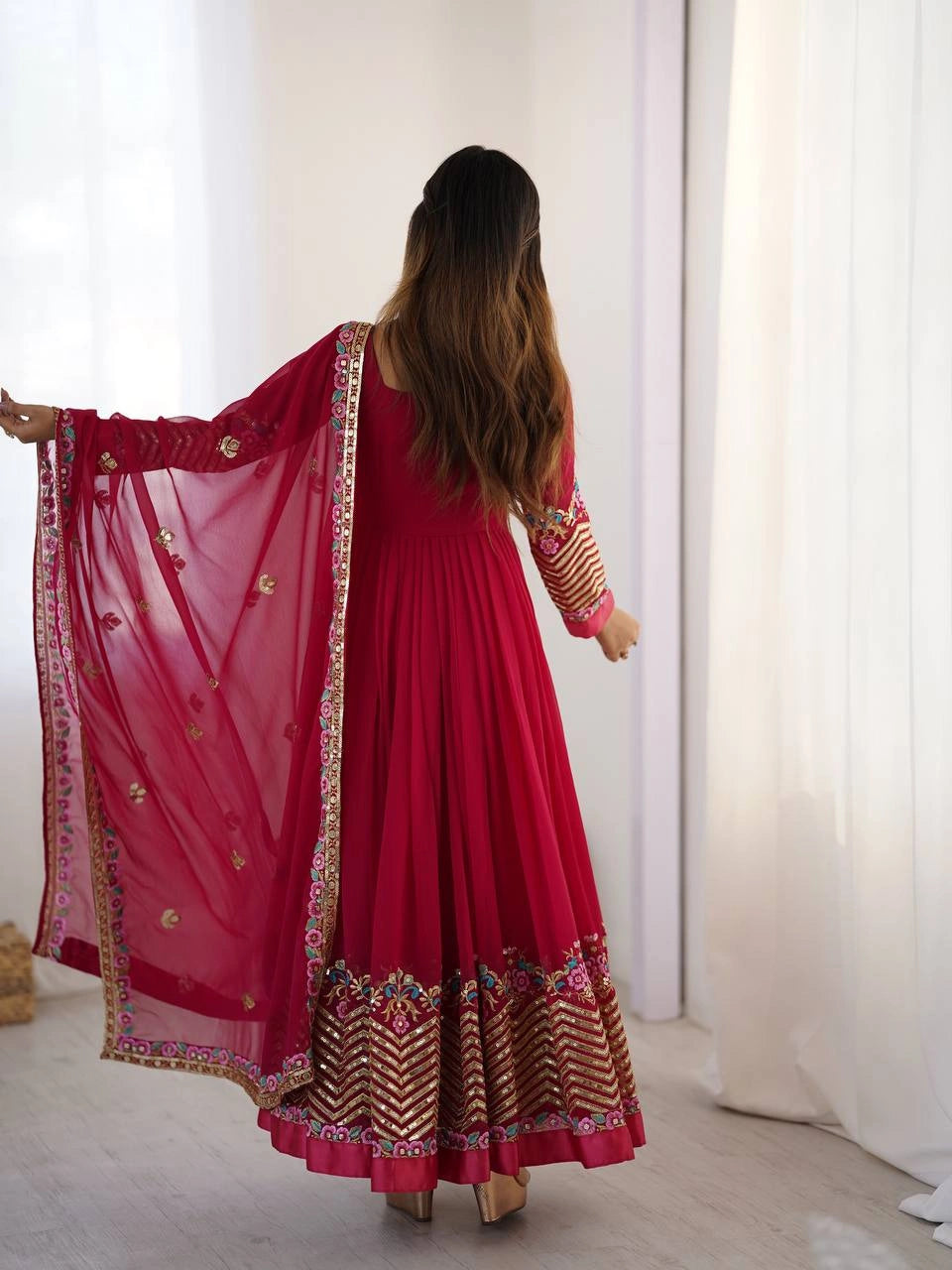 Dark Pink Anarkali bottom border chevron sequins moti embroidery KU264