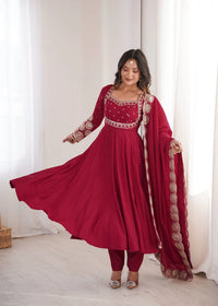 Dark Pink Sequins Embroidered Suit – Roman Silk Blend, U-Neck, Full Sleeves