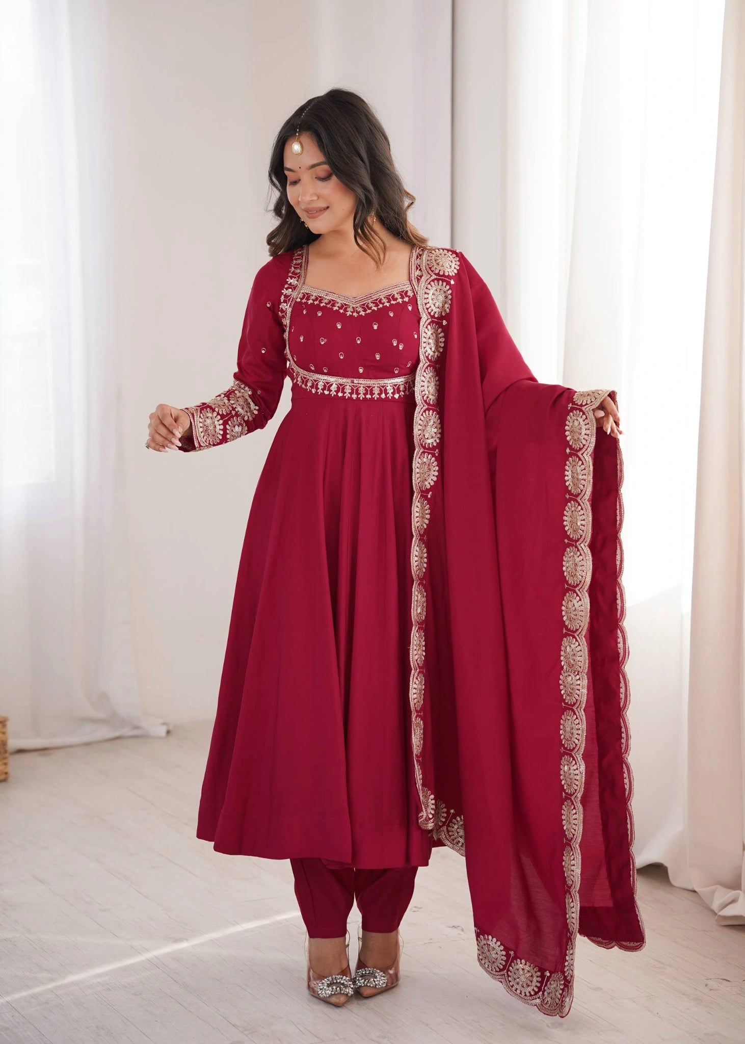 Dark Pink Sequins Embroidered Suit Sleeve Detail KU274 Kalyanja
