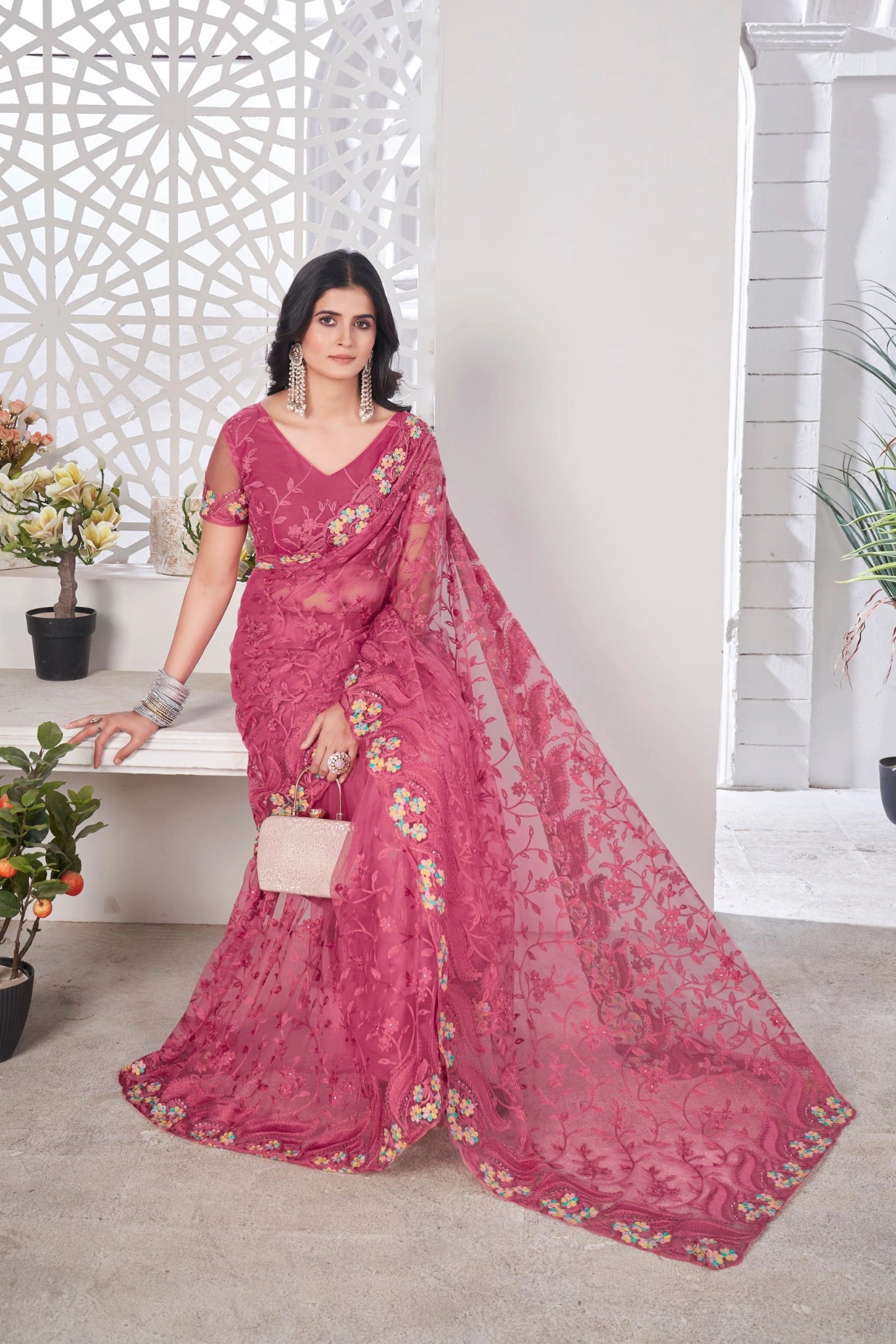 Dark Pink Thread Embroidered Saree Party Wear | Butterfly Net | KS388 | Kalyanja