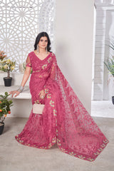 Dark Pink Thread Embroidered Saree Party Wear | Butterfly Net | KS388 | Kalyanja