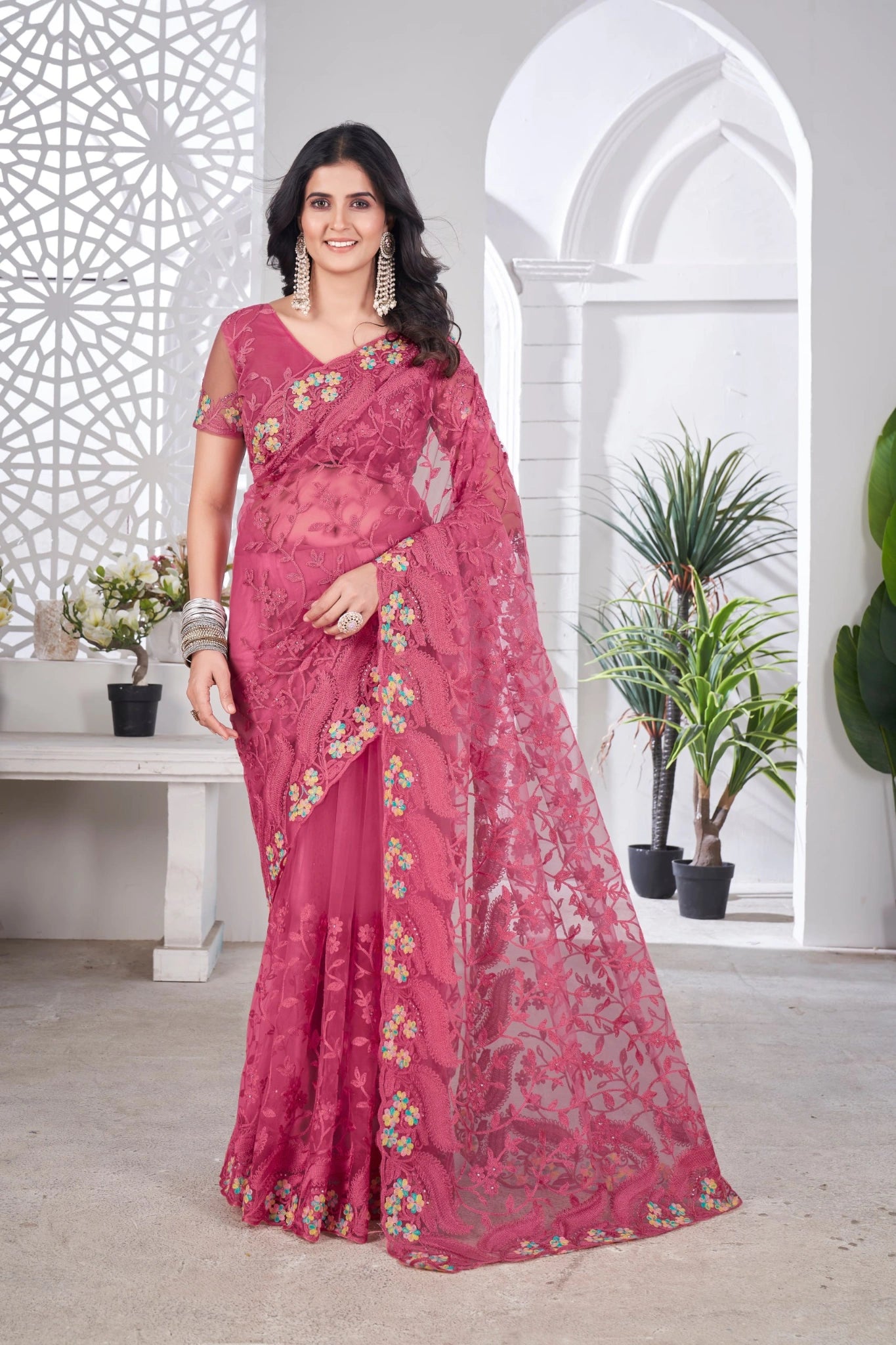 Dark Pink Thread Embroidered Saree Side View | Butterfly Net | KS388 | Kalyanja