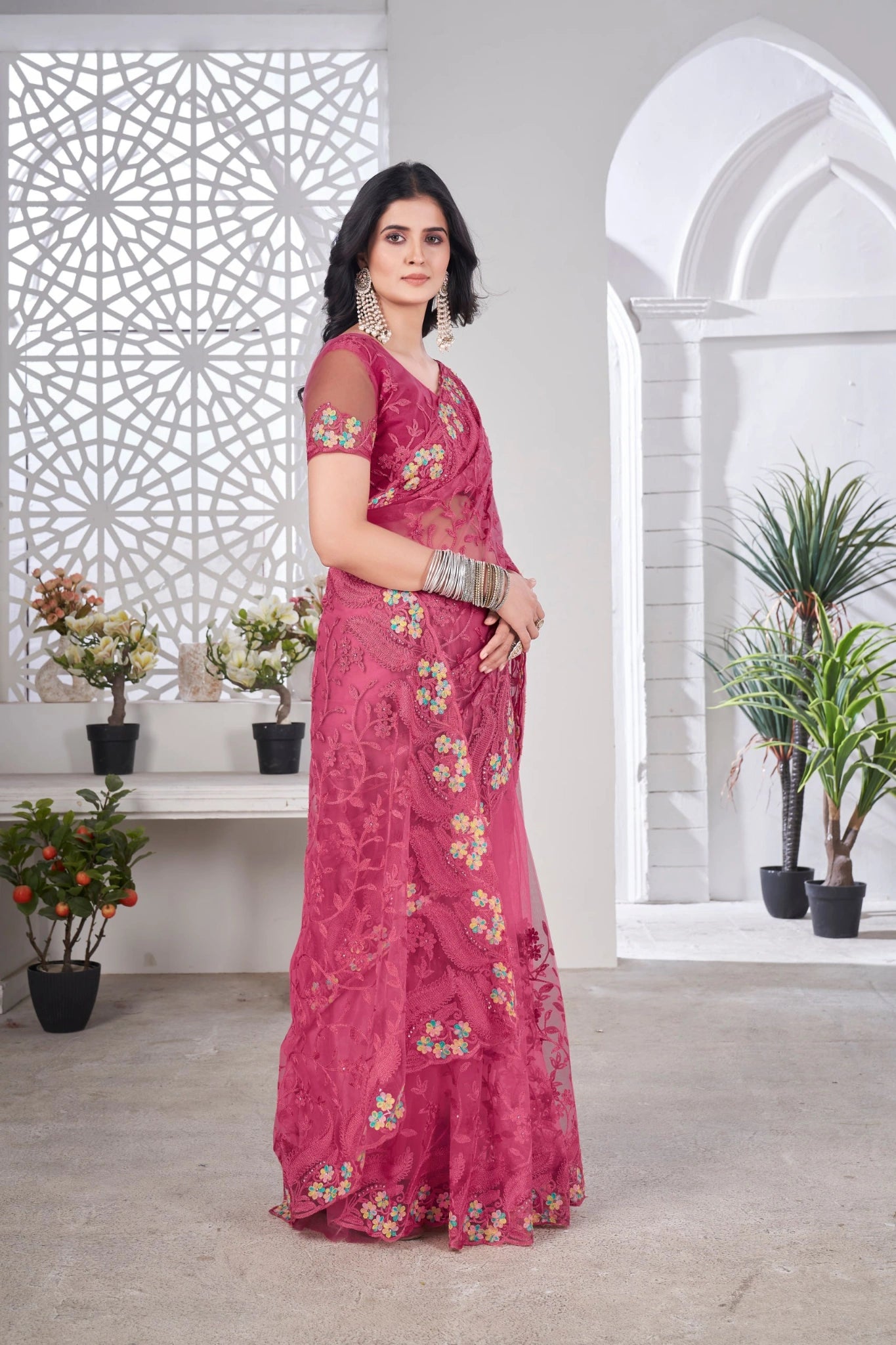 Dark Pink Thread Embroidered Saree Wedding | Butterfly Net | KS388 | Kalyanja