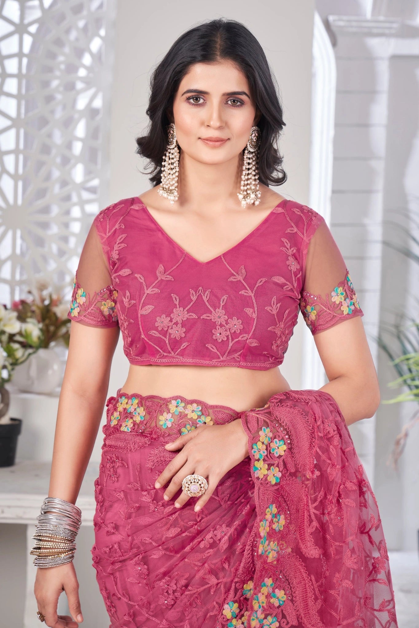 Dark Pink Thread Embroidered Saree Blouse Detail | Butterfly Net | KS388 | Kalyanja