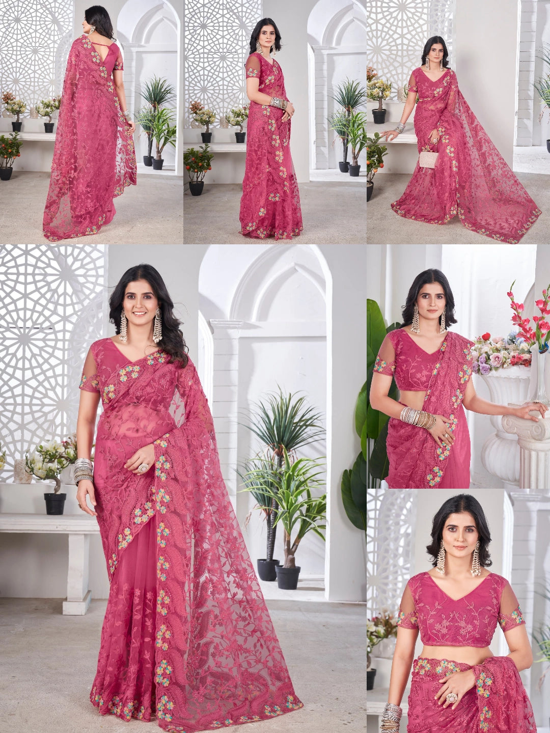 Dark Pink Thread Embroidered Saree Collage | Butterfly Net | KS388 | Kalyanja
