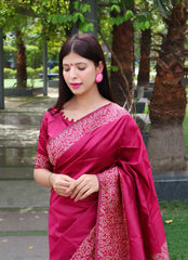 Dark Pink Warli Weaving Soft Banglori Raw Silk Saree crafted with intricate handloom design, perfect for traditional occasions like reception, sangeet, and festive celebrations.