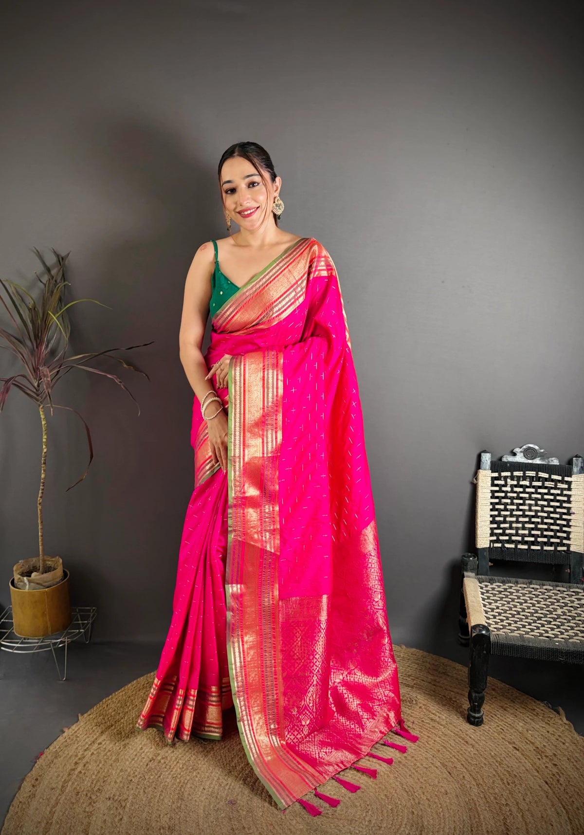 Dark Pink Zari Weaving Saree full front drape – KS373
