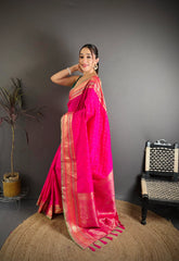 Dark Pink Zari Weaving Saree three-quarter view – KS373