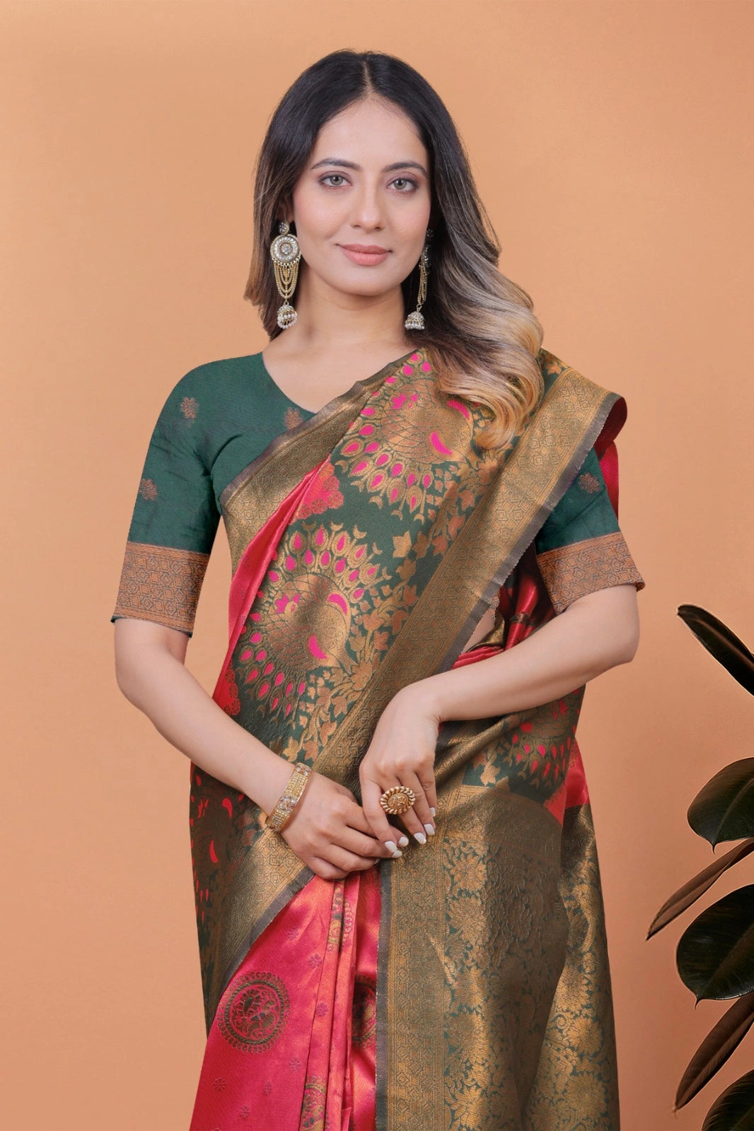 Dark Pink Zari Weaving Saree – side view – KS396