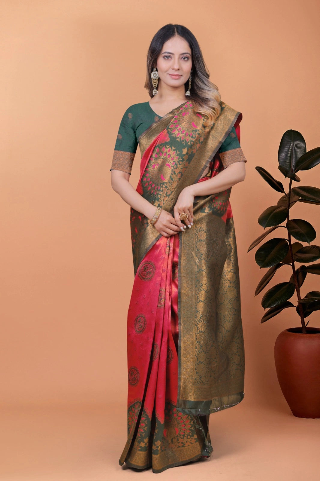 Dark Pink Zari Weaving Saree – back pallu view – KS396