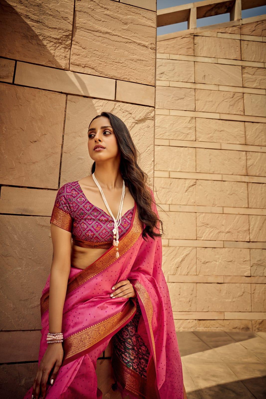 Woman in dark pink saree with zari work and matching ethnic blouse posing gracefully by stone wall in natural light