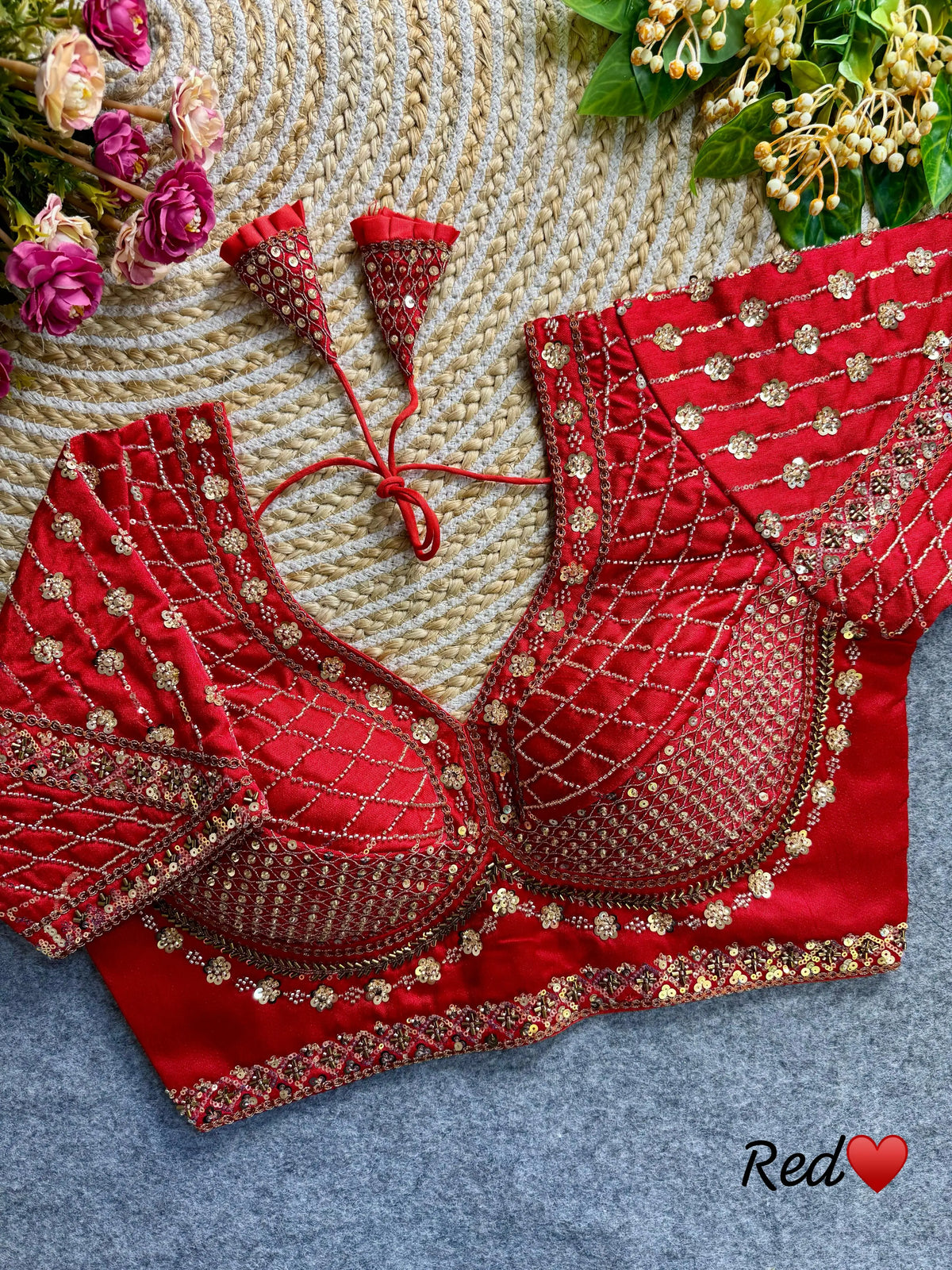 Dark red soft silk blouse featuring intricate sequence and codding thread work design.