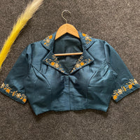 Dark Turquoise Embroidery Work Banglori Silk Blouse