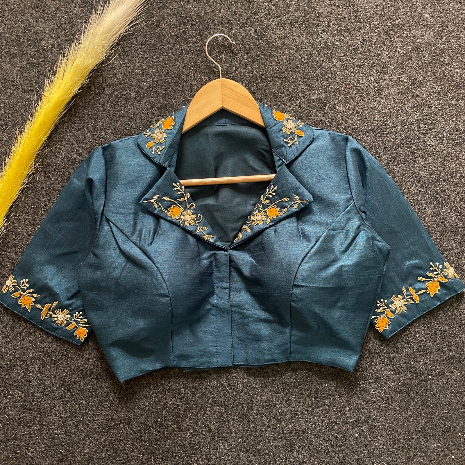 Dark Turquoise Embroidery Work Banglori Silk Blouse