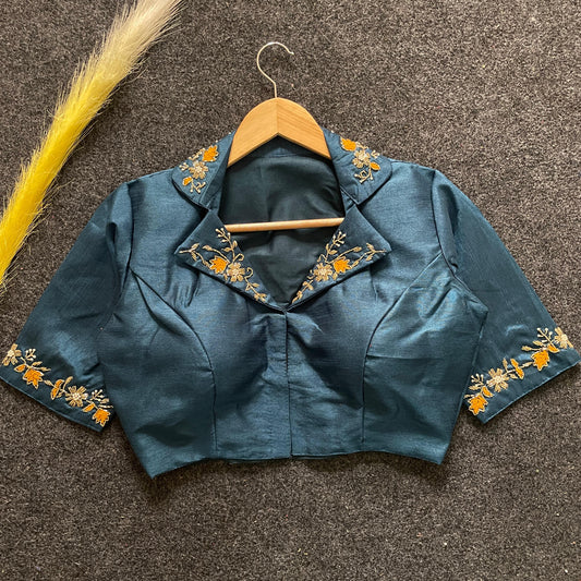 Dark turquoise embroidery work Banglori silk blouse with intricate detailing, perfect for reception, sangeet, and festive occasions.