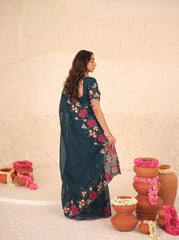 Dark Turquoise Floral Embroidered Silk Saree Scallop Border - Front Drape - Kalyanja KS163
