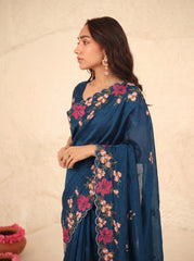 Dark Turquoise Floral Embroidered Silk Saree - Drape View - Kalyanja KS163