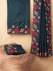 Dark Turquoise Floral Embroidered Silk Saree - Embroidery Detail - Kalyanja KS163