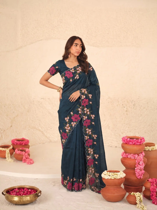 Dark Turquoise Floral Embroidered Silk Saree - Pallu View - Kalyanja KS163