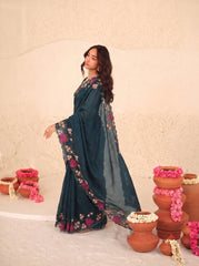 Dark Turquoise Floral Embroidered Silk Saree - Border Close-up - Kalyanja KS163