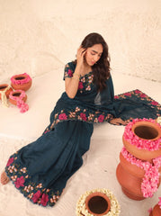 Dark Turquoise Floral Embroidered Silk Saree - Back Drape View - Kalyanja KS163