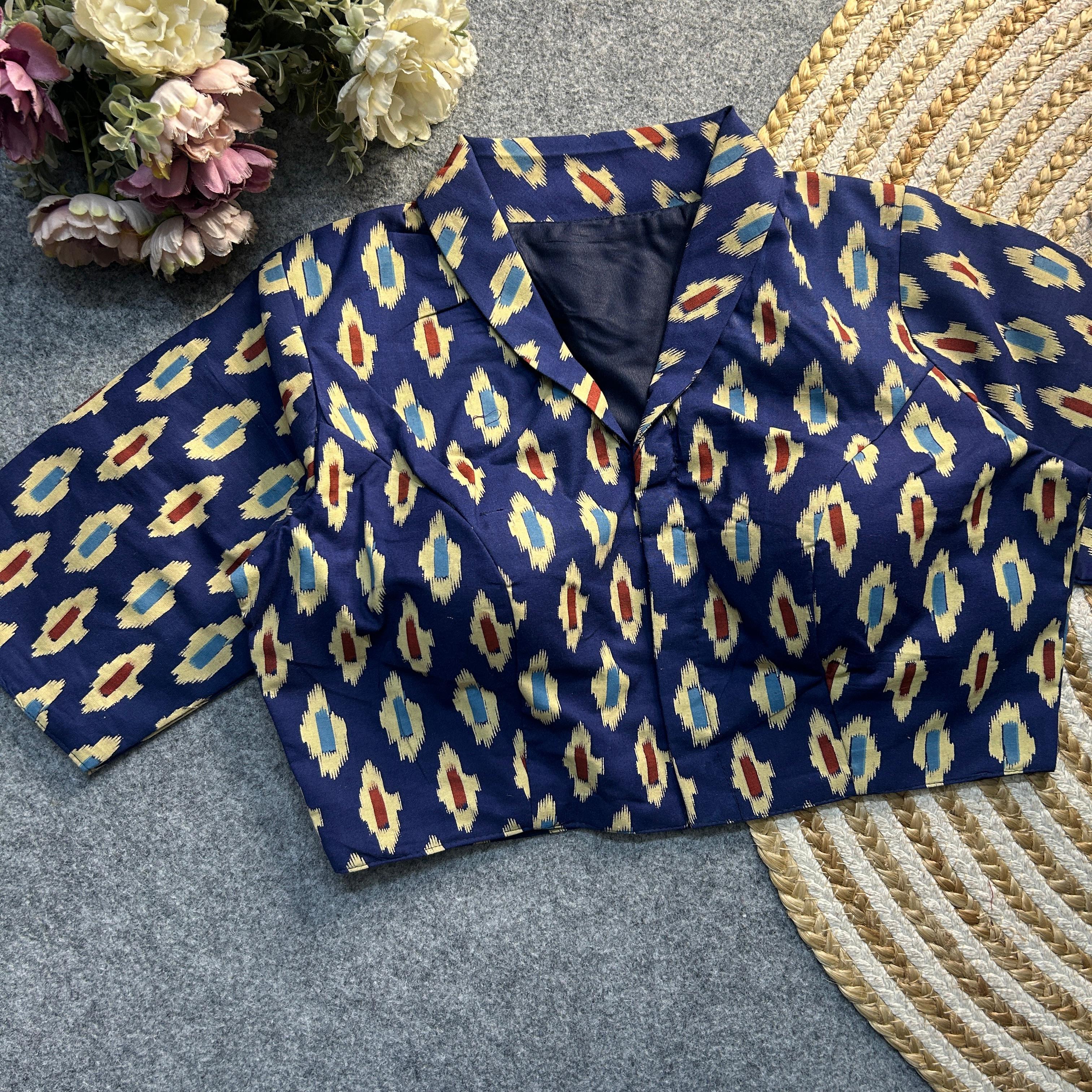 Deep Navy Blue Ajrakh Print Cotton Blouse featuring intricate traditional patterns, blending elegance and heritage for a timeless fashion statement.