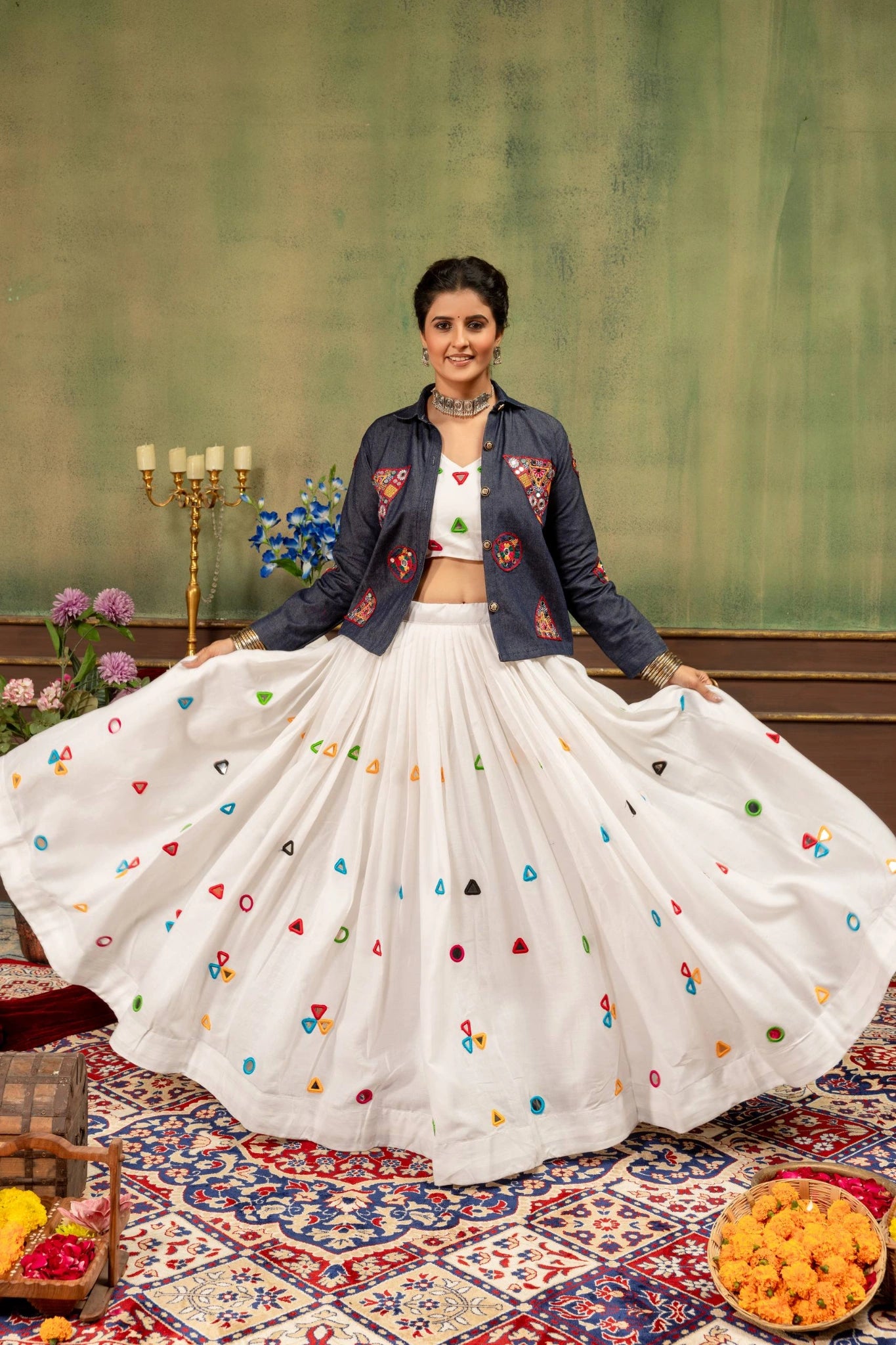 deep navy blue mirror work lehenga jacket front twirl kalyanja KL188