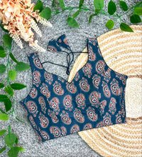 Deep Navy Blue Morpich Print Blouse – Ajrakh Cotton, V-Neck, Sleeveless