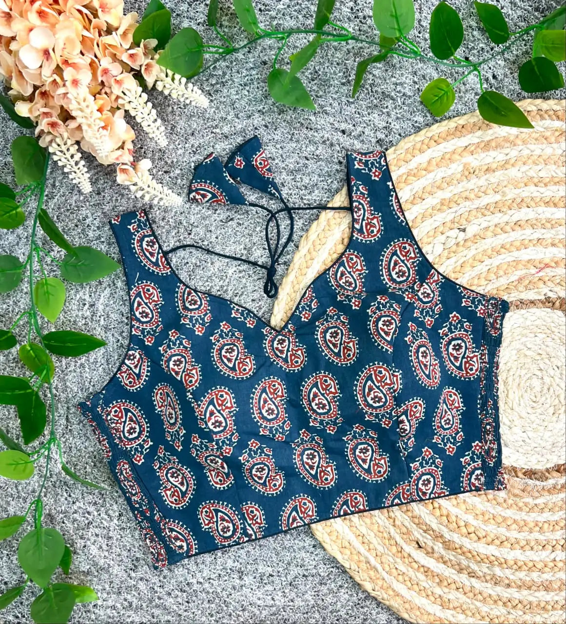 Deep Navy Blue Ajrakh Cotton Morpich Print Blouse – Flat Lay View
