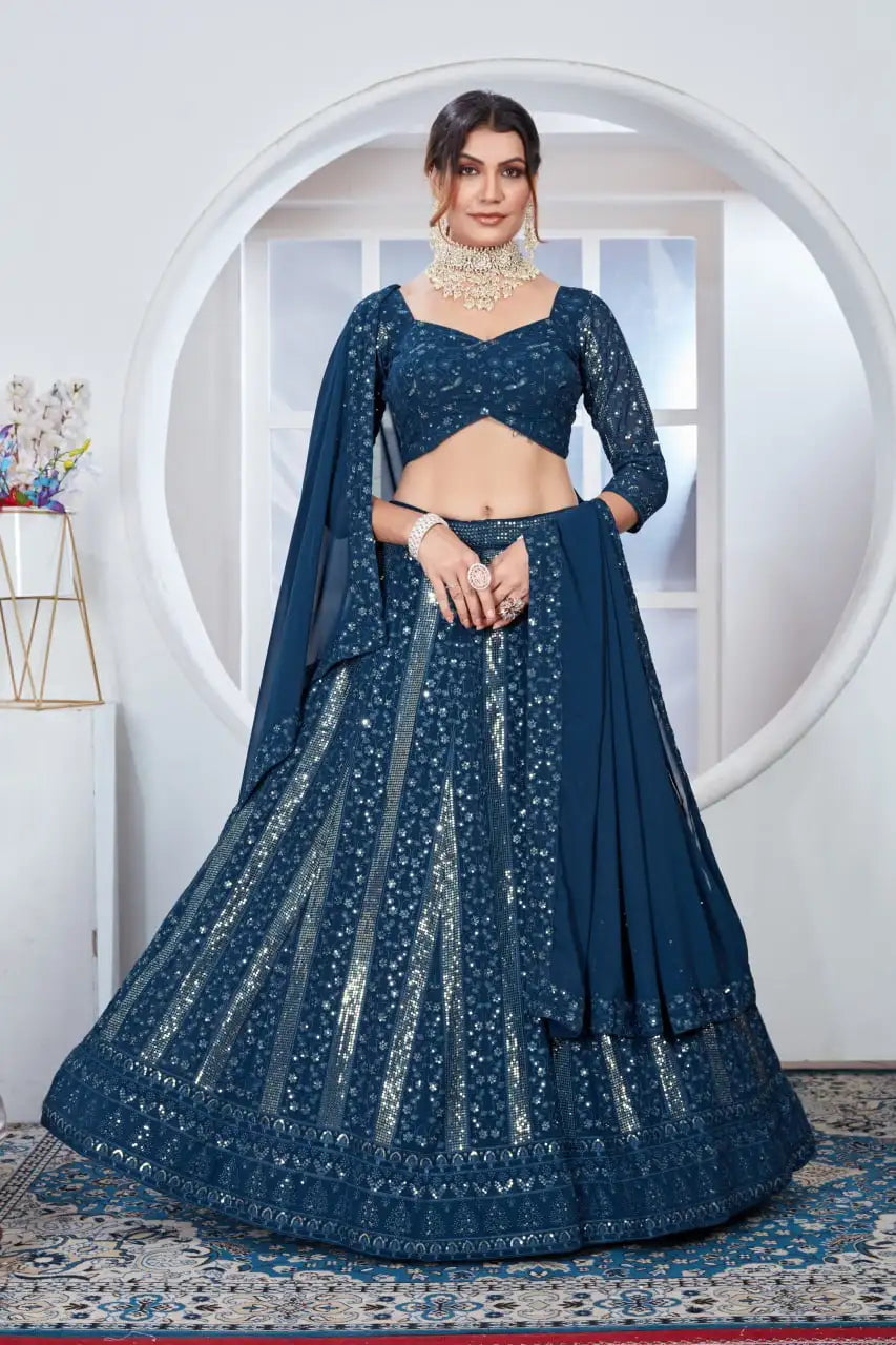 Deep Navy Blue Sequins Embroidered Thread Work Lehenga front view – Kalyanja KL165