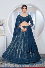 Deep Navy Blue Sequins Embroidered Thread Work Lehenga front view – Kalyanja KL165