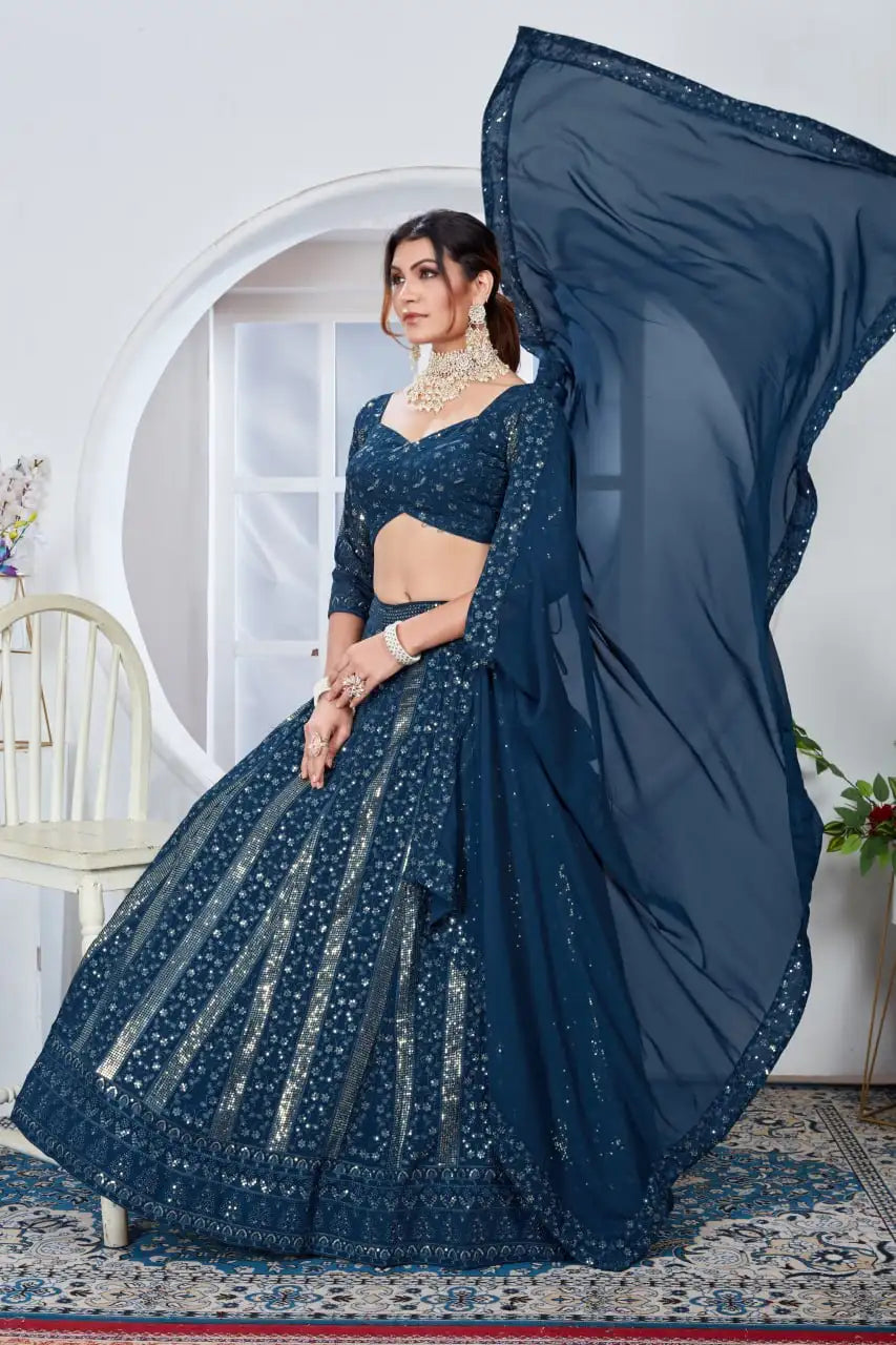 Deep Navy Blue Faux Georgette Lehenga flying dupatta dynamic pose – Kalyanja KL165