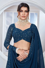 Deep Navy Blue Sequins Embroidered choli close-up V-neck detail – Kalyanja KL165