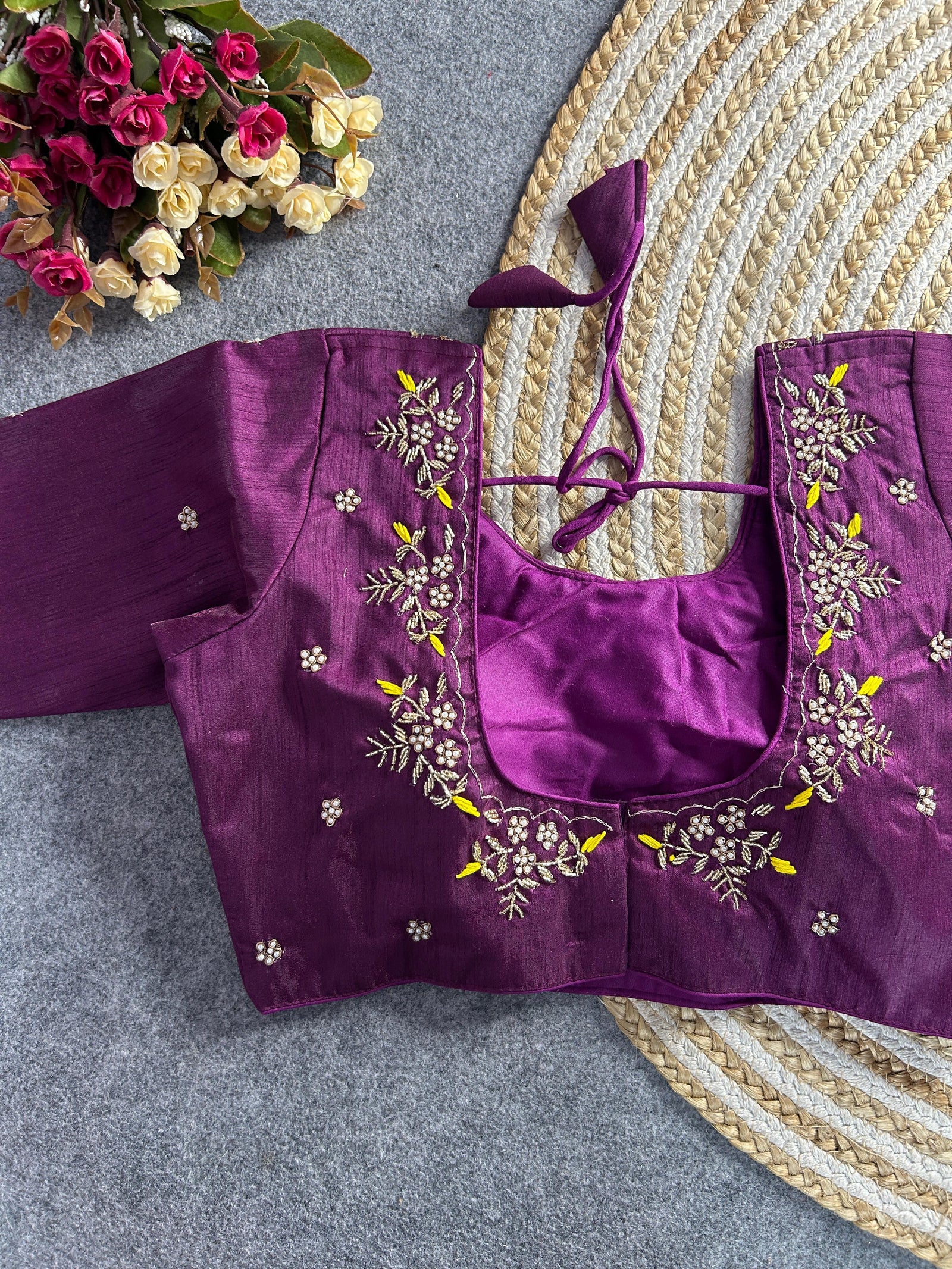 Deep Purple Floral Embroidery Banglori Silk Blouse
