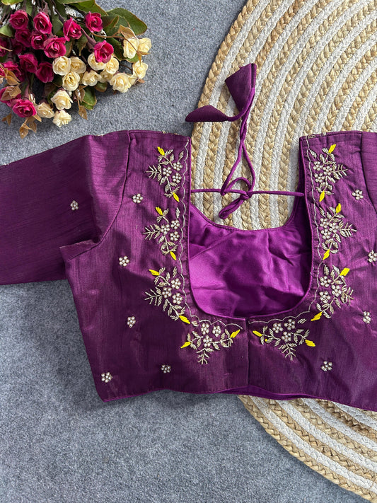 Deep purple floral embroidery Banglori silk blouse with intricate design, ideal for traditional and festive occasions.