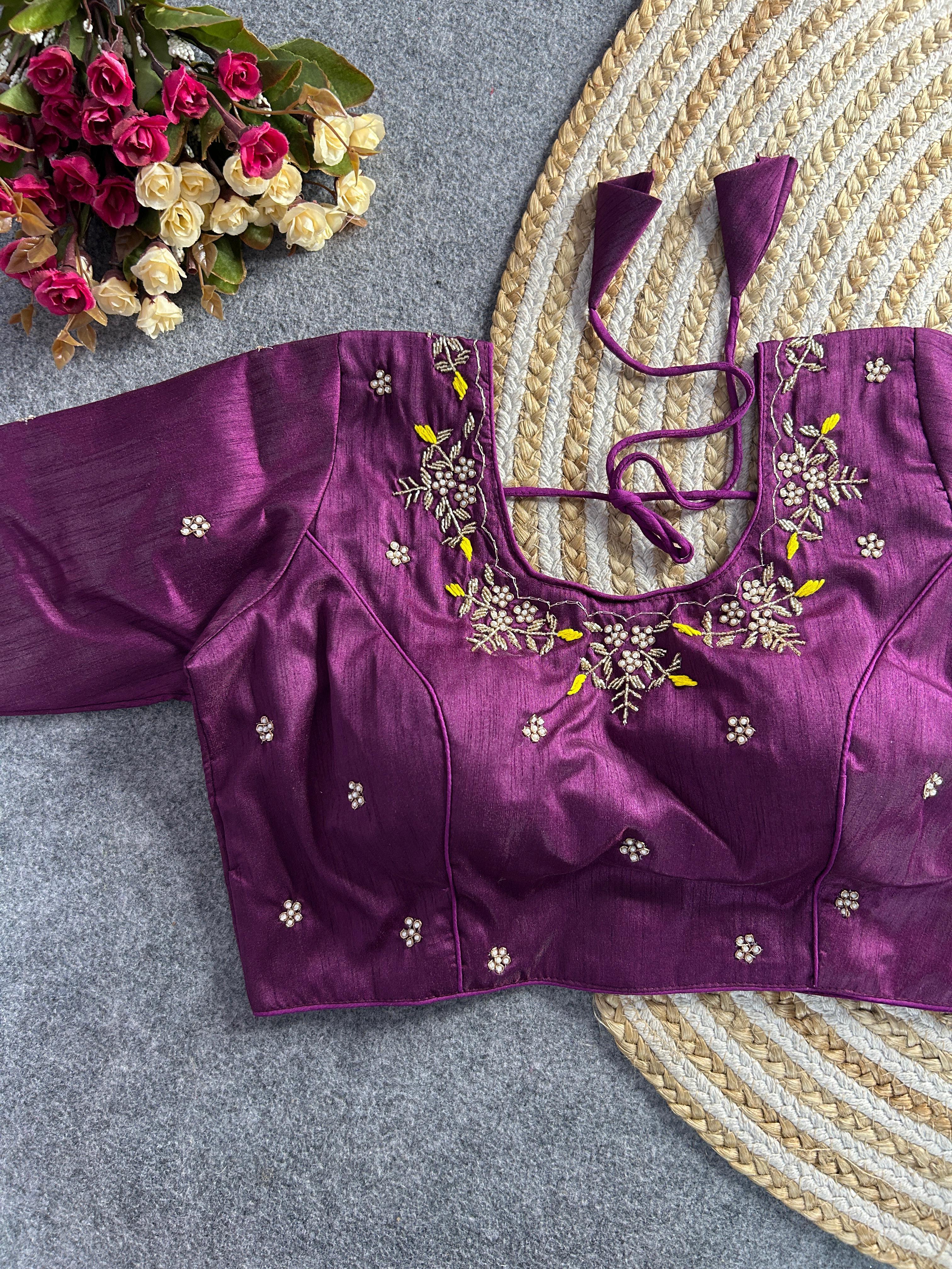 Deep purple floral embroidery Banglori silk blouse with intricate design, ideal for traditional and festive occasions.