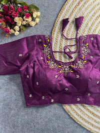 Deep Purple Floral Embroidery Banglori Silk Blouse
