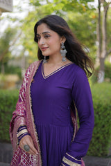 Deep Purple Gota Patti Anarkali Suit close up portrait showing V neckline gota trim