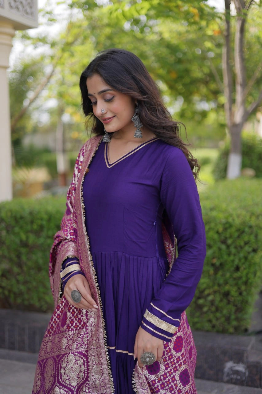 Deep Purple Anarkali Suit upper body close up showing cuff gota patti work and dupatta