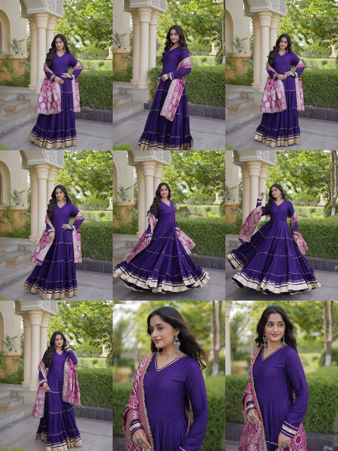 Deep Purple Gota Patti Anarkali Suit KU288 collage all views front side twirling detail