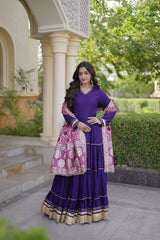 Deep Purple Anarkali Suit three quarter front with Banarasi dupatta draped