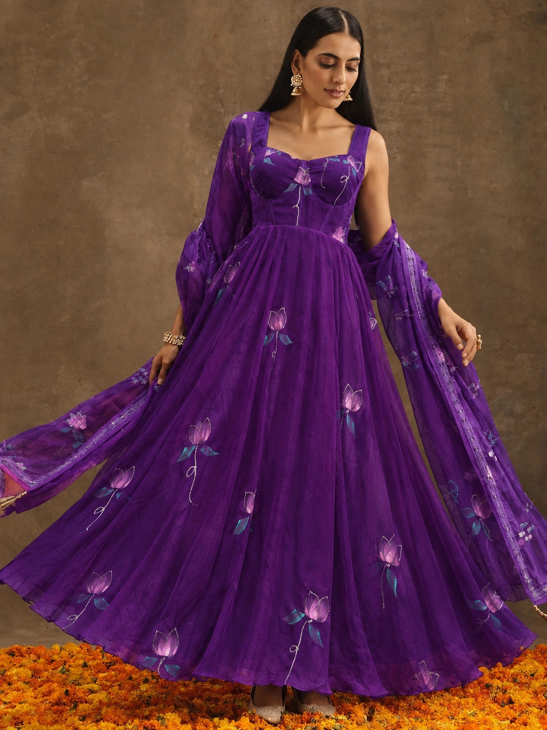 Deep Purple Zari Handpaint Suit full length dupatta movement – Kalyanja KU279