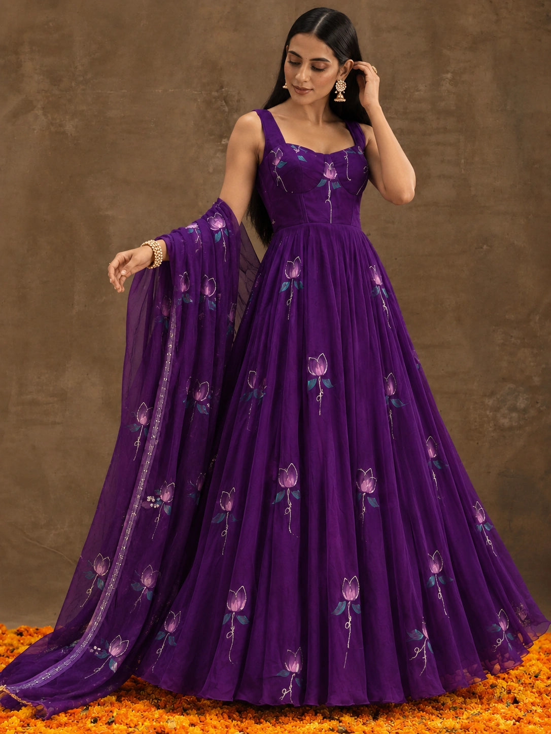 Deep Purple Georgette Anarkali Suit sleeveless full length hand raised – Kalyanja KU279