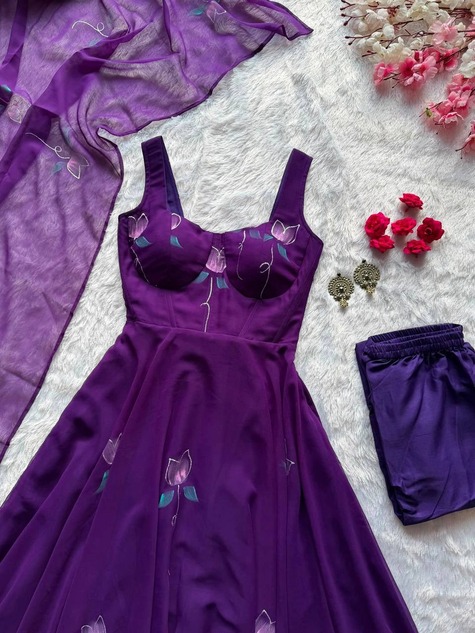 Deep Purple Handpaint Suit flat lay close-up sweetheart bodice detail – Kalyanja KU279